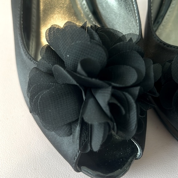 Black Satin Peep Toe Slingback Heels - Picture 4 of 7
